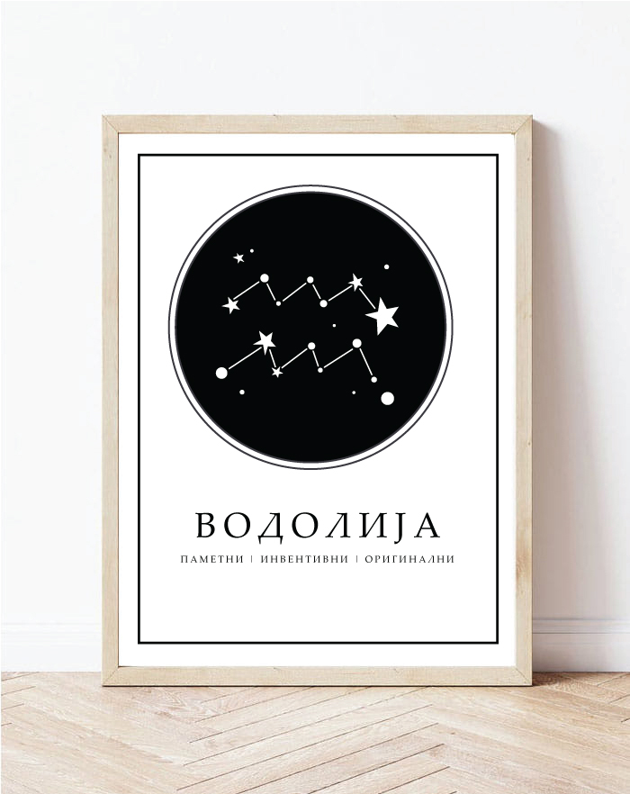 Постер со хосроскопски знак Водолија црно-бело | Poster so hotoskopski znak Vodolija crno-belo