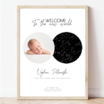 Инфографик за новороденче - ѕвездена мапа и фотографија од новороденчесо со податоци дата, час на раќање висина и тежина